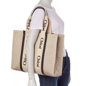Chloé Woody Large Canvas Tote - White/Midnight Blue